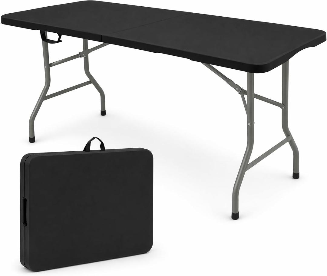 HAISIWLKJ Folding Table 6 FT Lightweight Camping Table Black Portable Plastic Rectangular Outdoor Dining Table Steel Legs Fold-in-Half with Carrying Handle for Indoor,Picnic,Party,Wedding,Events