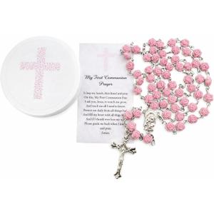 Westmon Works First Communion Rosary Set for Girls with Pink Rose Shaped Bead Case and Holy Card