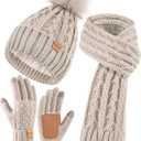 Womens Beanie Hat Scarf Gloves Set, Fleece Lined Winter Hat with Pom Pom, Long Knit Scarf Touchscreen Gloves for Cold Weather