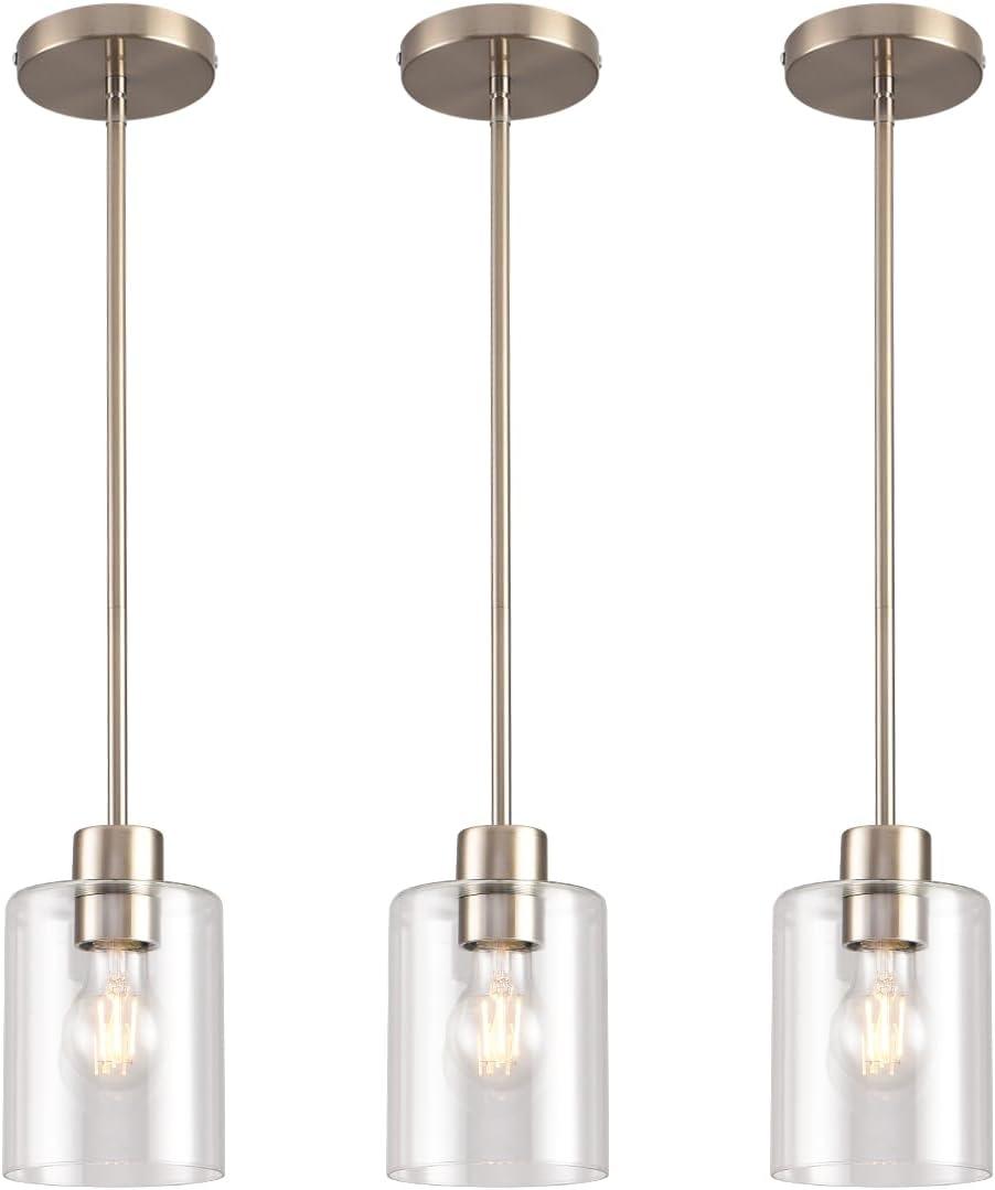 KLSS Brushed Nickel Pendant Lights Kitchen Island - Clear Glass Pendant Light Fixture Multiple Stems Rods 3 Units 12 Inch 3 Units 4 Inch (3 Pack Brushed Nickel)