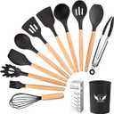 Silicone Cooking Utensils Set, 11 Pcs Black Silicone Cooking Utensils Set, Nonstick & 230°C Heat Resistant Cooking Utensils with Wooden Handle, Cooking Utensil Set for Culinary Enthusiast (Black)