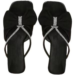 GORGLITTER Women's Bow Sandals Trendy 2025 Sparkly Rhinestone Flat sandals Open Toe Dressy Sandals (9, Black)
