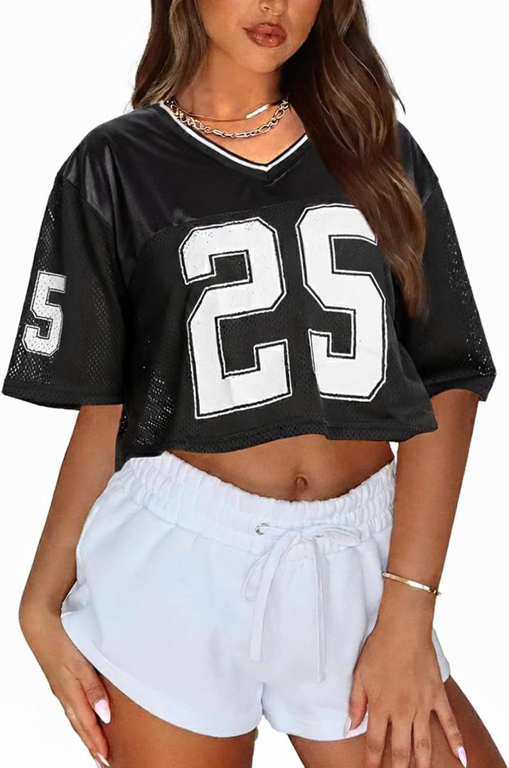 Women Jersey Shirts Cropped Graphic Tees Cute Y2k Crop Top Football Shirts Streetwear (Small, Black)