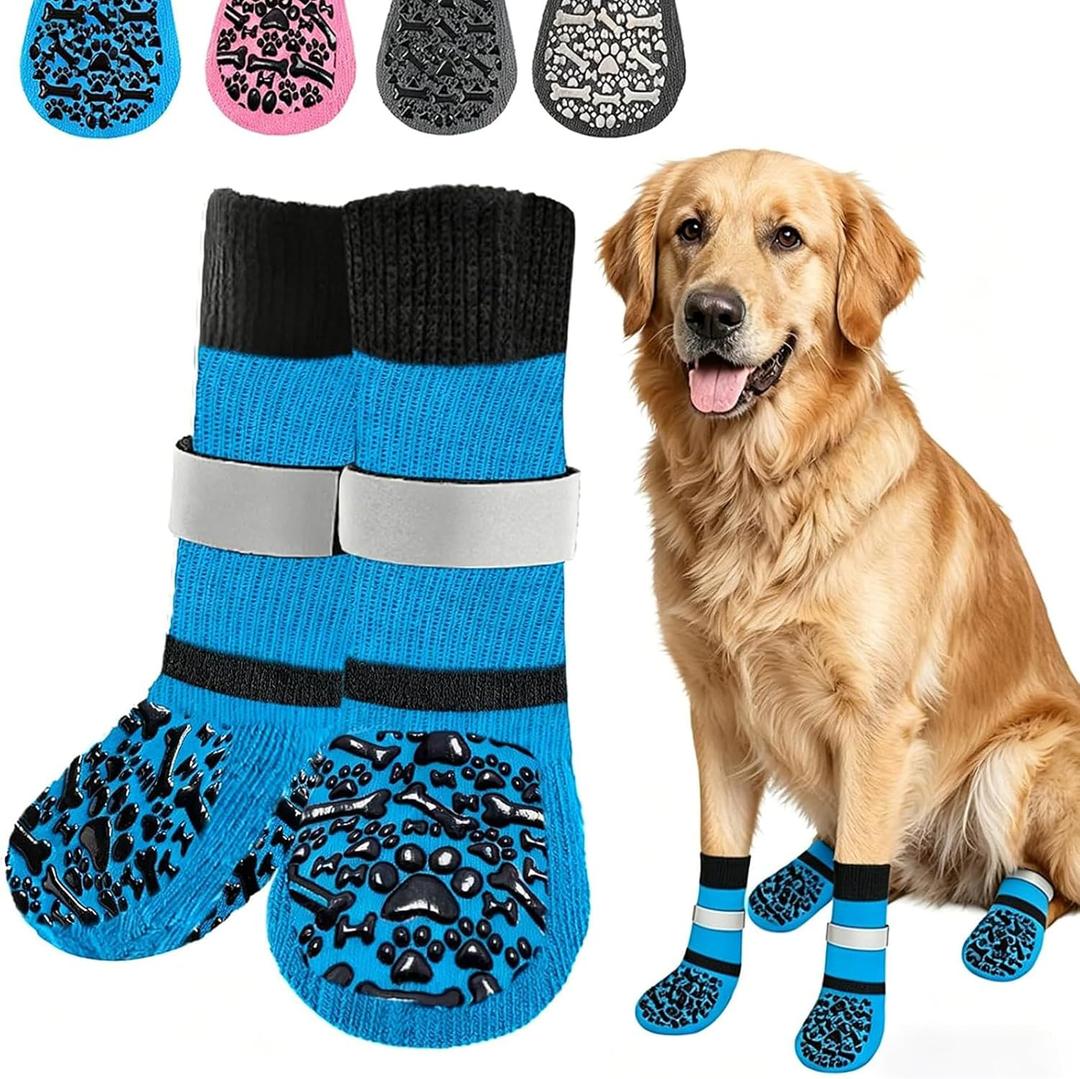 Dog Socks to Prevent Licking Paws, Anti Slip Dog Boots & Paw Protectors for Hardwood Floors, Toe Grips for Small Medium Large Senior Dogs, Dog Shoes for Hot/Cold Pavement(Blue Bone,L)