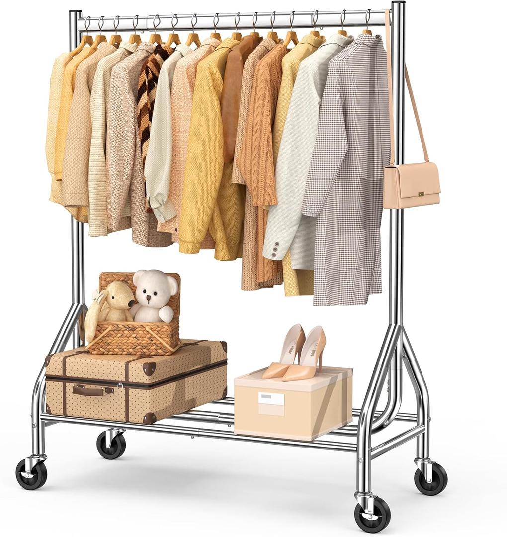 EAGMAK Heavy Duty Clothes Rack Load 420 LBS, Rolling Garment Rack with Lockable Wheels, Standing Metal Clothing Rack with Shelves, Portable Wardrobe Rack Sturdy Coat Rack for Hanging Clothes (Silver), 43.3″×18.9″×63″