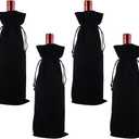 Beebeecraft 4Pcs 14.8x6 Inch Velvet Wine Bags Drawstring Champagne Wine Gift Bags Black Reusable Congrats Drinking Bottle Wrapping Pouches for Birthday Dinner Wedding Party