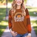 MOUSYA Thankful Blessed T-Shirt Thanksgiving Colorful Turkey Tshirt Women 3/4 Sleeve O-Neck Striped Splicing Tops Tees (Brown, S)