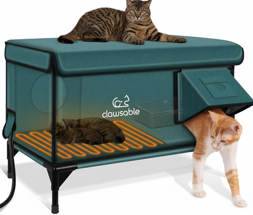 Indestructible X-Large Heated Cat House for Outside Winter, 100% Waterproof, Safe Escape Door, Insulated Outdoor Cat Shelter with Heater for Feral Barn Cat Kitty (Forest Green, 30"x17"x20")