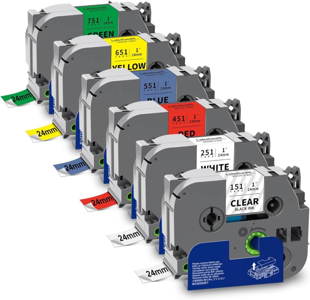 Labelwell 6-Pack TZe 24mm 0.94" Laminated Compatible for P Touch 1 Inch TZ Label Tape TZe-151 251 451 551 651 751 for Ptouch PT-D600 P700D 410 D610BT P710BT, Clear/White/Red/Blue/Yellow/Green