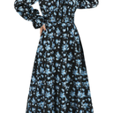 Womens Square Neck Long Sleeve Fall Casual Dresses Smocked Casual Midi Fall Dress A-Line Flowy Long Dress(Blue,Medium)