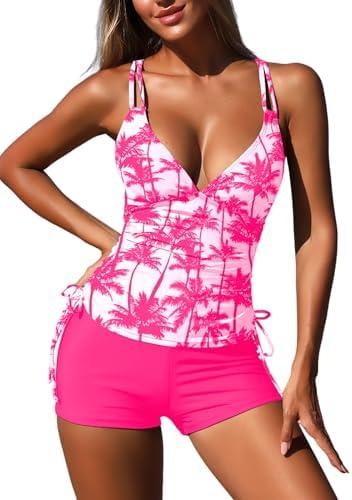 ZAFUL Women's 2025 Tankini Swimsuits Ruched Top Two Piece Tummy Control V Neck Bathing Suits with Short, Size M