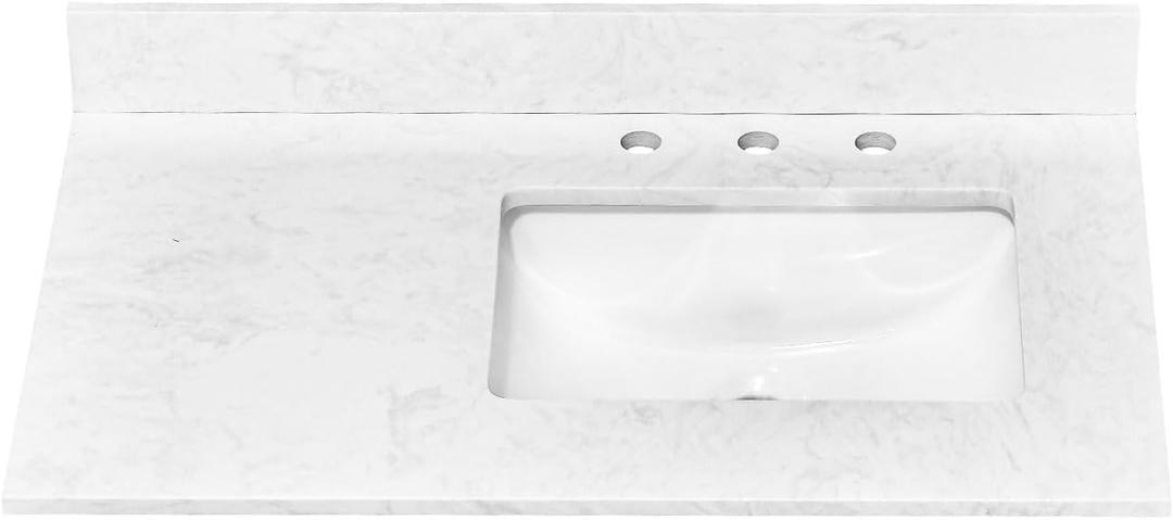 36 in.W x 22 in.D Bathroom Vanity Sink Top, White Engineered Stone Bathroom Vanity Top with Undermount Right Offset Sink, Vanity Countertop with Pre-Drilled 3 Faucet Holes and Backsplash