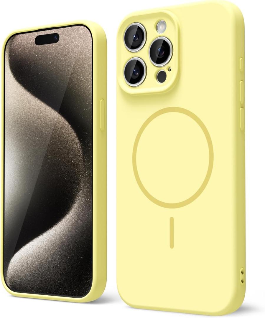 oakxco for iPhone 15 Pro Max Case Silicone Mag Safe, Magnetic Slim Thin Phone Case Compatible with Magsafe, Women Girls Cute Girly Aesthetic Soft Rubber Gel Safecase with Camera Cover, Yellow