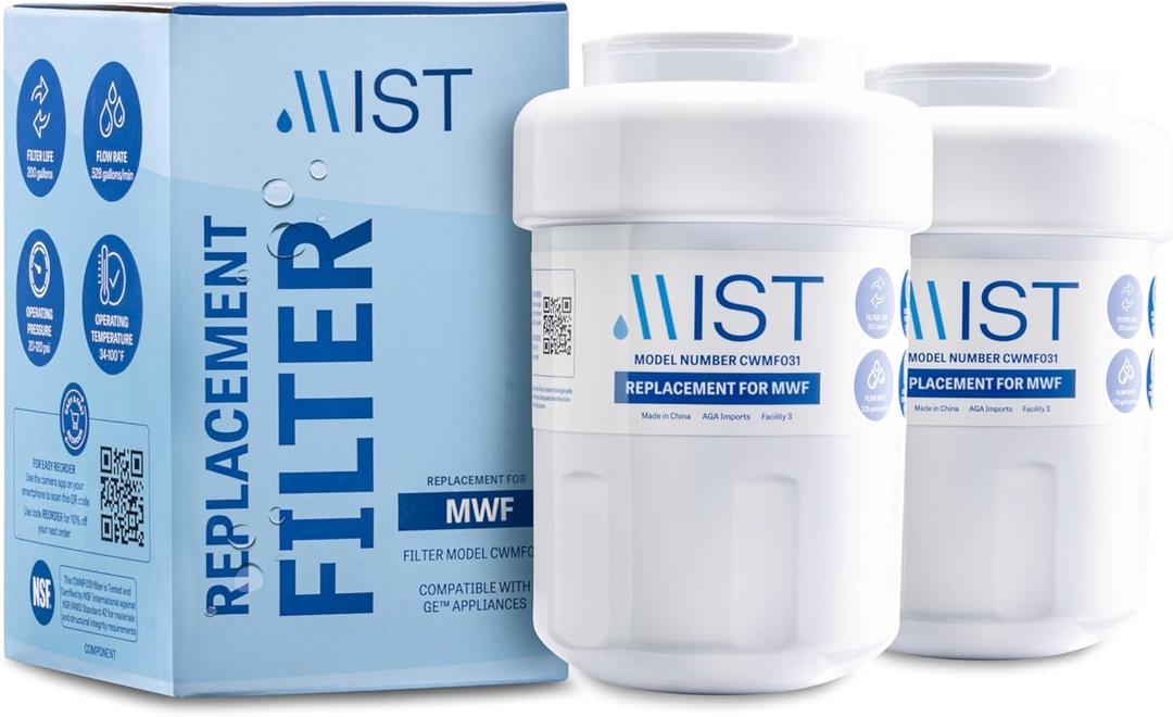 MIST Replacement for MWF Water Filter for GE, Refrigerator Water Filter compatible with MWFP, MWFA, GWF, HWF, Smart Water, WFC1201, Kenmore 9991, 469991, WFC1201, GSE25GSHECSS (2 pack)