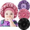 3 PCS Satin Baby Bonnets for Curly Hair,Baby Silk Bonnet for Sleeping for Girls Boys (A-rose Gold,black,light Purple)