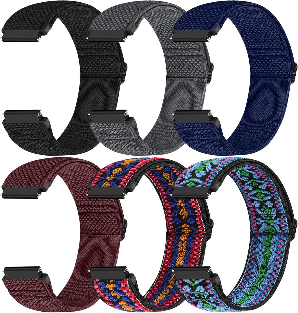 20mm Quick Release Elastic Band Compatible with Samsung Galaxy Watch 7 6 5 4 40mm 44mm/Garmin Vvoactive 6/5/3/3 Music/Forerunner 570 42mm/55/158/165/245/645/Amazift Active 2/Active/T-Rex 3 Pro 44mm (Black+Grey+Indigo+Wine Red+Boho Blue+Boho Red)