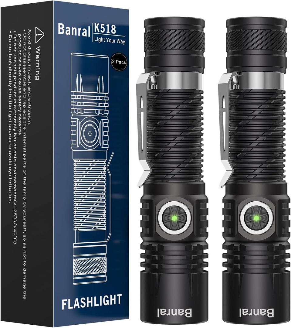 Rechargeable Tactical Flashlights, High Lumens Small Mini USB-C LED Flashlight, Compact EDC Flash Light, 4 Modes&Memory Function, Waterproof Pocket Lights for Home,Camping,Emergency (2, Black)