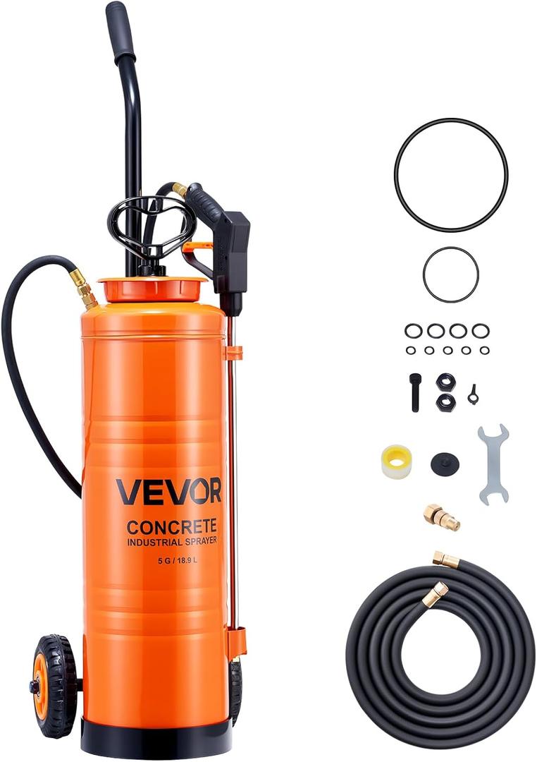 VEVOR Industrial Concrete Sprayer with Wheeled Cart, 5 Gallon Stainless Steel Sprayer, Heavy Duty Tri-Poxy Pump Sprayers, 20.5''Wand, 48" & 120" Hoses, 2 Brass Nozzles for Construction, Lawn & Garden