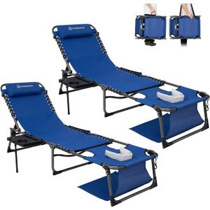 FUNDANGO 4 in 1 Tanning Chair with Face Hole, Beach Lounge Chair w/Canopy Shade & Side Table Chaise Lounge Chairs for Patio, Pool, Lawn, Sunbathing, 5-Position Adjustable Sun Lounger, Set of 2 Blue, Oversized