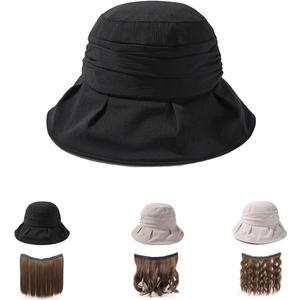 Summer Women's Beach Sun Hat, Wide Brim Sun Protection, Lightweight Cotton Hat with Hair Attached via Magic Tape