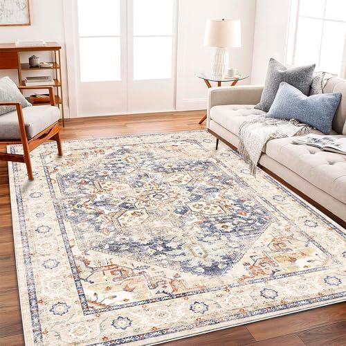 CHAMPLANT Area Rug 5'x7' Blue Khaki Washable Vintage Traditional Floor Cover Thin Retro Kitchen Indoor Distressed Non Slip Carpet Floral Print Mat for Living Room Bedroom Dining Room