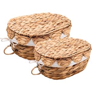 Set of 2 Round Wicker Baskets with Scalloped Lids, Handles, Removable Liners - Decorative Handwoven Water Hyacinth Baskets for Organization of Home, Kitchen, Closet, Pantry, Bathroom, Bread Basket