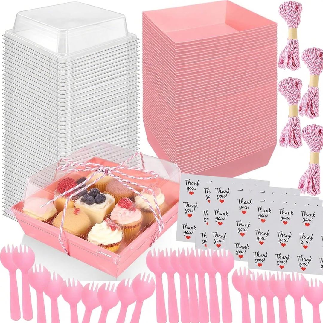 50 Pack Small Charcuterie Boxes with Clear Lids 5 Inches Square To Go Paper Mini Charcuterie Box, Disposable Food Containers, Dessert Boxes - Sandwich, Cookie, Sushi, Cake Slice, Strawberries (Pink)