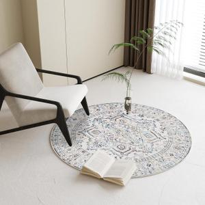 Round Rug for Living Room, 3Ft Round Washable Rug, Boho Small Circle Kitchen Area Rugs, Non Slip Low Pile Circular Rugs, Soft Round Carpet for Bedroom, Office, Kitchen Entryway, Bathroom (Beige)