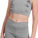 Girls 2 Piece Outfits Athletic Ruffle V Crossover High Waisted Dance Shorts with Training Bra Crop Tank 3-10Years (4-5T, Grey)