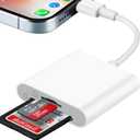 SD Card Reader for iPhone, SD & Micro SD Dual Slots Memory Card Reader for iPad, Plug and Play Trail Game Camera SD Card Viewer, Digital Trail Camera Card Adapter, No App Required