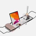 MARBBNEST Bathtub Tray Caddy for Luxury Bath Expandable Extra Wide Bath Tub Tray with Natural Marble Tray and Mobile/Tablet Stand, Ideal for Home Spa Lovers(Black + Jazz White)