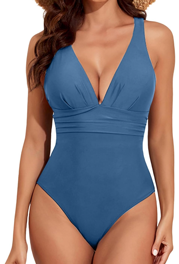 SELINK Women's Sexy V Neck One Piece Swimsuit Backless Ruched High Cut Monokini Tummy Control Bathing Suits M