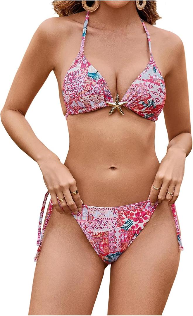 RoseSeek Women's Leopard Floral String Starfish Metal Swimsuits (Pink, M)