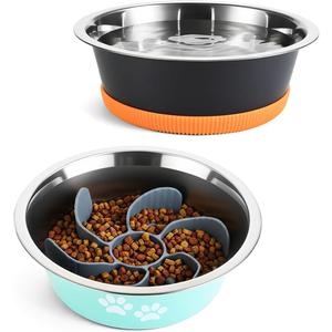 Premium Stainless Steel Dog Bowls,50OZ Large Capacity,Set of 2,Including Slow Food Bowl and Water Bowl,Suitable for Large and Medium-Sized Dogs,Green,Orange and Black