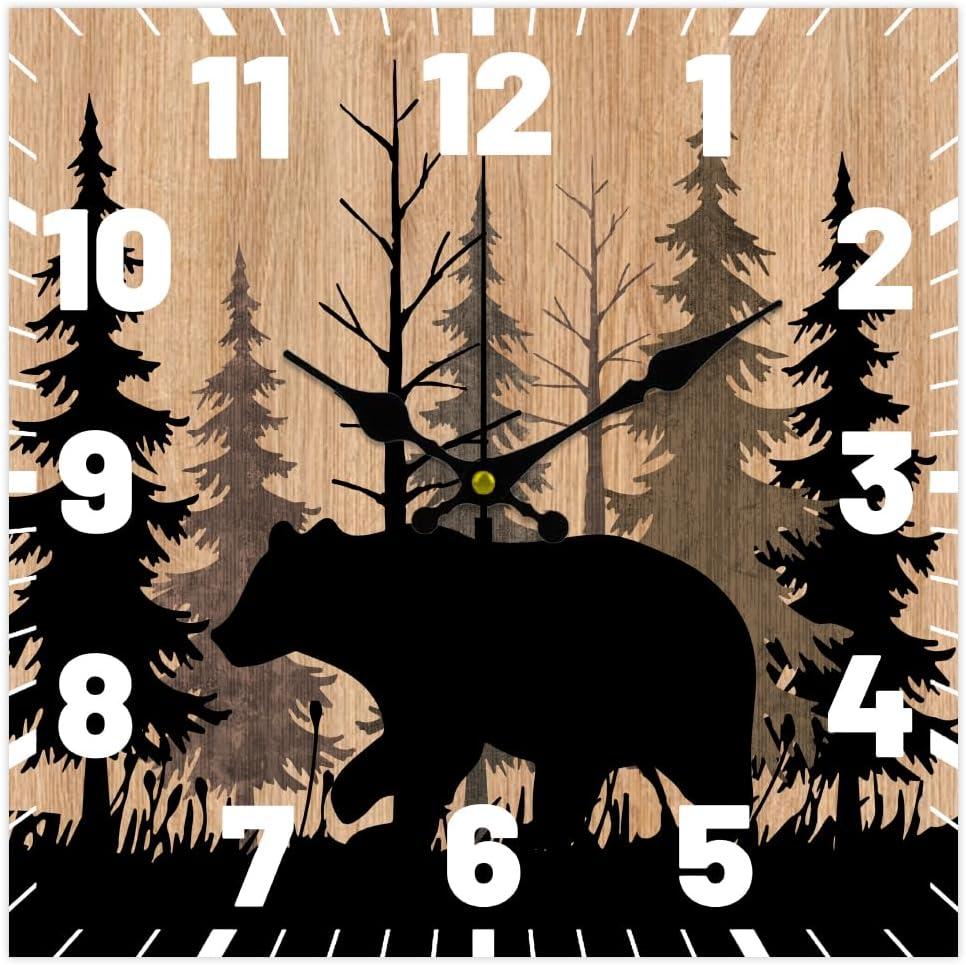 CHGCRAFT 12inch Bear Wall Clock Silent Non-Ticking Clocks Forest Wildlife Wall Clocks Battery Operated Rustic Farmhouse Clock for Home Decor Living Room Kitchen Office