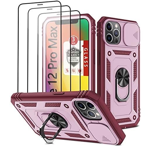 for iPhone 12 Pro Max Case with 3 Pcs Tempered Glass Screen Protector Built in Ring Stand Kickstand + Camera Cover, Hard PC Soft TPU Defender Full Body Protective Armor Case Cover 6.7" - Burgundy