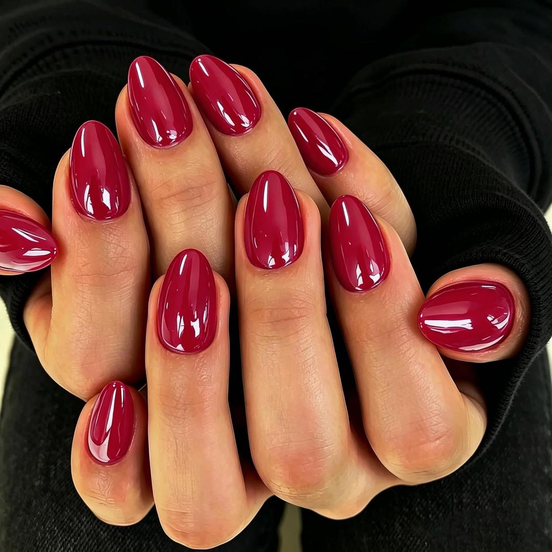 KQueenest Chrome Press On Nails Short Oval, 32 Pcs Glazed Red Fake Nails Press ons Almond, Shiny Glue on Nails for Women in 16 Sizes - Salon-Quality Stick On Nail Kit with Glue and Tabs