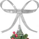 Large Metal Bow Christmas Tree Topper,9.4 Inch Glitter Silver Tree Topper,Silver Bow Christmas Tree Decorations for Xmas Home Decor Holiday Party Indoor Outdoor Shop Office, 9.4" X 8.6"