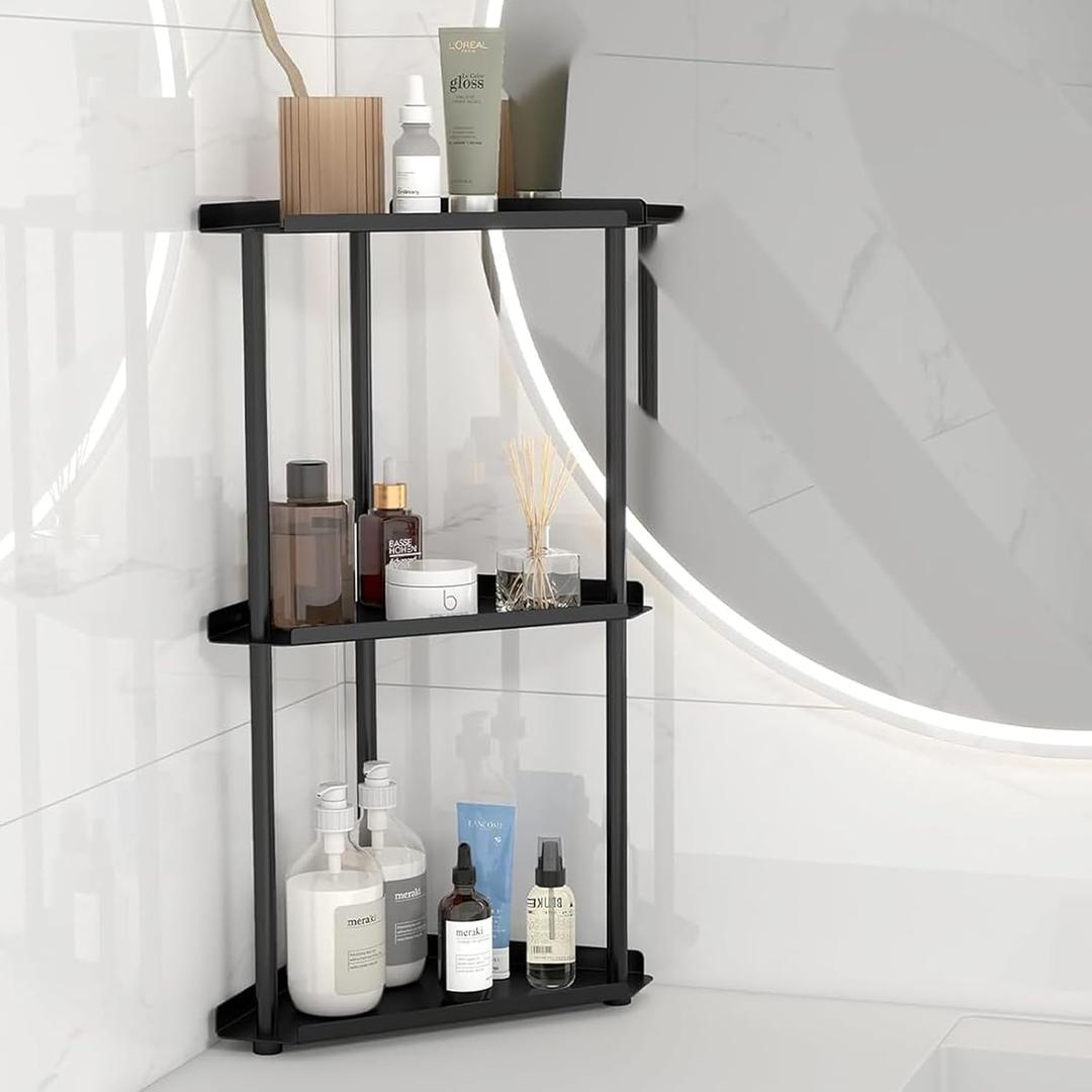 FLE 3 Tier Corner Bathroom Counter Organizer, Countertop Corner Shelf,Makeup Organizer and Storage for Bathroom (Black)