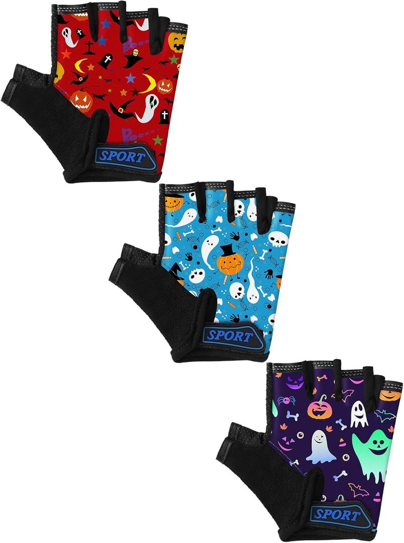Boao 3 Pairs Kids Half Finger Bike Gloves Non-Slip Breathable Adjustable Birthday Gift for Boys Girls for Bike Workout (3 - 5 Years)
