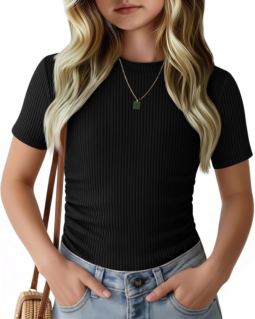Girls Short Sleeve Ribbed Knit Shirts | Ruched Top, Slim Fit, Casual Crewneck, Basic Tee, Summer, Back to School (Black)