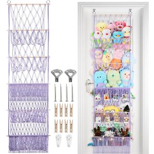 5 Tier Stuffed Animal Storage Shelf Net, 17x61 Inch Large Plushie Net w/LED Light & Clips for Mini Medium Stuffy Teddy, Purple Boho Macrame Wall Toy Holder Display for Nursery Kids Girls Boys