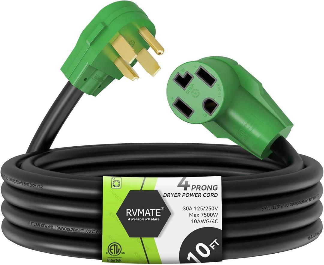 RVMATE 4 Prong Dryer Extension Cord 10 Feet, 30 Amp NEMA 14-30P to 14-30R 125V/250V Waterproof PVC Jacket, Perfect for Dryer Power Extension, ETL Listed