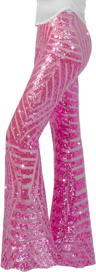 Nawgut Sequin Flare Pants Sparkly Glitter High Waisted Bell Bottom Trousers Disco Party Clubwear for Women S
