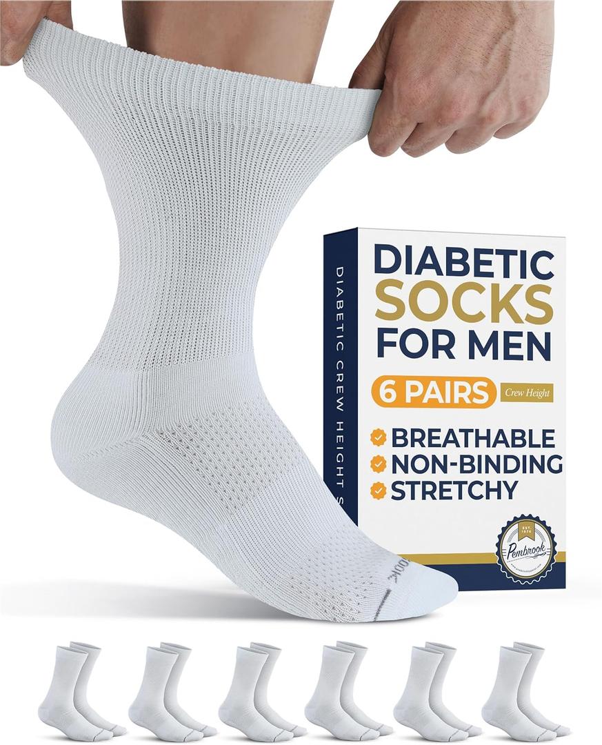Pembrook Diabetic Socks for Men - 6 Pairs Crew Diabetic Neuropathy Socks for Men | Non Binding (Large)