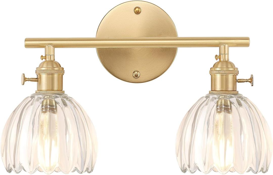 Bathroom Light Fixtures, 2-Light Brass Vanity Wall Light Over Mirror with Clear Tulip Glass Shade for Bedroom Living Room (Hardwired)