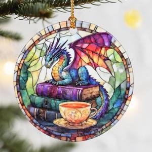 Christmas Ornaments, Dodosky 2.8in Ceramic Hanging Ornament, Xmas Decor, Christmas Tree Ornaments, Xmas Decorations for Tree, Holiday Ornament, Gifts for Dragon Lovers, Gifts for Readers, Book Lovers