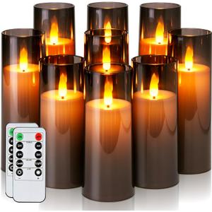 Homemory Decorative Flameless Candles, Battery Operated Candles with Remote & Timer, Flickering Led Pillar Candles, Plexiglass, Grey, Pack of 9, D2.2 xH 5" 6" 7" (Gray)