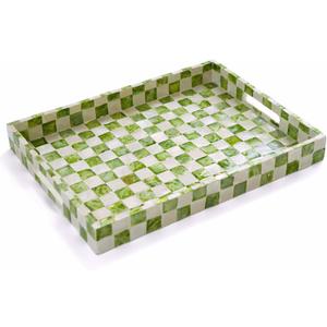 CHI AN HOME 15.8" x 11.8" Decorative Rectangular Tray with Natural Capiz Shells, Checkered Tray with Handles, Serving Tray for Ottoman, Coffee Table, Kitchen Counter Home Decor (Pistachio Green)