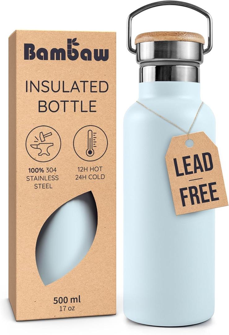 Bambaw 16 oz Stainless Steel Water Bottle, Insulated Water Bottle with Handle, Portable & Easy to Carry, Keeps Drinks Cold for 24h Cold & Hot for 12h, Durable, Lightweight & Reusable (Ice Blue)